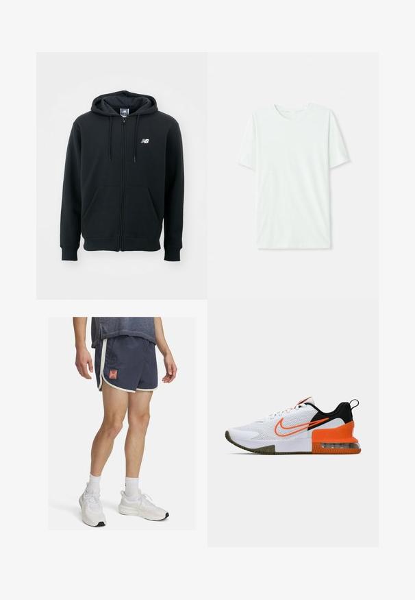 Črna zip-up kapuca z vrvico za kapuco, sprednjimi žepi, rebrastimi manšetami in majhnim belim logotipom na levi rami. Mehka bombažna mešanica.; Svetlo mint zelena majica s kratkimi rukavi, izdelana iz mehkega blaga. Ima okroglo ovratnico in preprost, ravno kroj brez okrasnih elementov.; Morske športne kratke hlače z belim robom in logotipom Under Armour. Lahka tkanina z teksturirano površino, zasnovane za udobje med telesno aktivnostjo.; Bela športna čevlja z teksturirano mrežasto zgornjico, črnimi in oranžnimi poudarki, debelim gumijastim podplatom ter prozornim zračno blazino na peti.