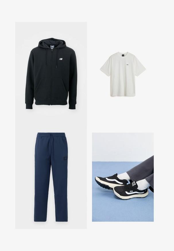Černá mikina s kapucí na zip, se stahovací šňůrkou, předními kapsami, žebrovanými manžetami a malým bílým logem na levé straně hrudi. Měkký materiál z bavlněné směsi.; Vans ORIGINAL STANDARDS STATEMENT - Triko s potiskem - white; Tmavě modré jogger kalhoty vyrobené z měkkého bavlněného materiálu, s elastickým pasem na šňůrku a malou značkovou nášivkou na boku.; Černé tenisky s bílými akcenty, síťovinou a gumovými materiály, s texturovanou podrážkou a poutkem na patě. Nosí se s bílými ponožkami a šedými kalhotami.