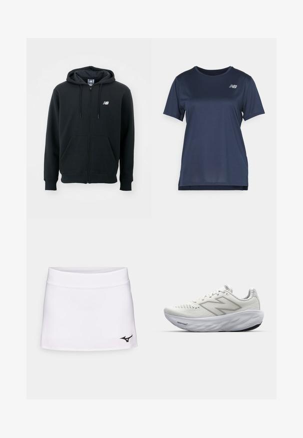 Hanorac negru cu fermoar, cu glugă cu șnur, buzunare frontale, manșete cu nervuri și un mic logo alb pe pieptul stâng. Material moale dintr-un amestec de bumbac.; Tricou sportiv de culoare bleumarin, cu mâneci scurte, având o textură ribbed și un logo argintiu în partea stângă sus. Design cu o croială lejeră.; Fustă sport albă cu un brâu ajustat și croială dreaptă. Are un logo negru în partea stângă jos. Textură de țesătură netedă.; Pantofi sport albi cu un upper din plasă, având o guleră căptușită, o talpă texturată și marca "Fresh Foam" pe midsole.