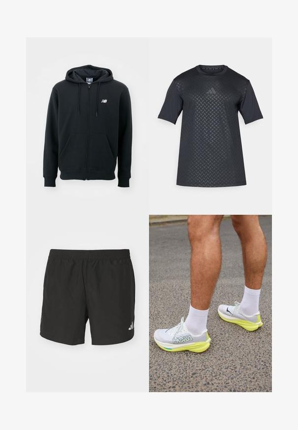 Schwarzer Reißverschluss-Hoodie mit einer Kapuze mit Kordelzug, vorderen Taschen, gerippten Bündchen und einem kleinen weißen Logo auf der linken Brust. Weiches Baumwollmischgewebe.; Schwarzes Kurzarmshirt mit einem strukturierten geometrischen Muster auf der Vorderseite und glattem Rücken, hergestellt aus leichtem, atmungsaktivem Material.; Schwarze Sportshorts mit einem elastischen Taillenbund, seitlichen Schlitzen und reflektierenden Logoakzenten. Hergestellt aus leichtem, glattem Material.; HOKA MACH X 2 - Laufschuh Straße - frost/citrus