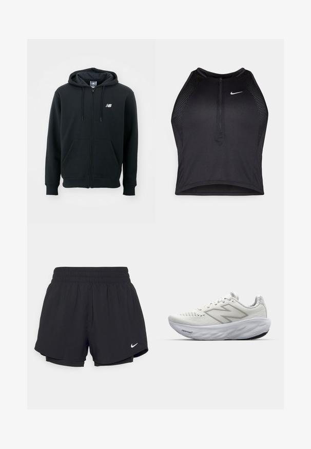 Svart hettejakke med glidelås, snorhette, frontlommer, ribbede mansjetter og en liten hvit logo på venstre bryst. Myk bomullsblanding.; Svart idretts crop top med glidelås foran, mesh-detaljer og en figurvennlig design. Laget av elastisk, pustende materiale. Nike-logo på forsiden.; Svarte idrettsshorts med samlet elastisk midje, indre fôr og hvit Nike-logo nederst til venstre. Jevnt, lett stoff.; Hvite sportsko med mesh-overdel, utstyrt med polstret krage, teksturert såle og "Fresh Foam"-merket på mellomsålen.