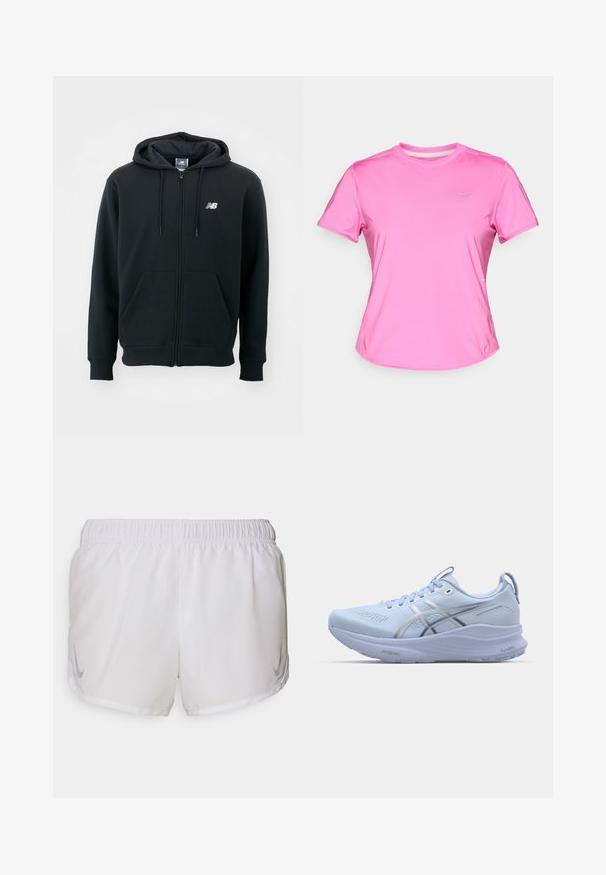 Črna zip-up kapuca z vrvico za kapuco, sprednjimi žepi, rebrastimi manšetami in majhnim belim logotipom na levi rami. Mehka bombažna mešanica.; Roza kratkotrajna športna majica z razkošnim in lahkim materialom. Ima okroglo izreza in majhen odsevni logotip spredaj.; Nike Performance FAST TEMPO SHORT - Športne kratke hlače - white/silver; Svetlo modra tekaška obutev z mrežnim zgornjim delom, reflektivnimi srebrnimi detajli, oblazinjenim podplatom in teksturiranim gumijastim podplatom za oprijem.