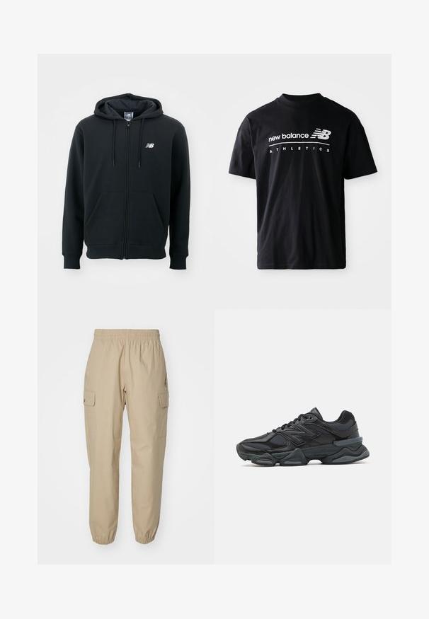 Must mustaga, millel on tõmblukk, reguleeritav kapuuts, esi-taskud, ribidega mansetid ja väike valge logo vasakul rinnakul. Pehme puuvillane segumaterjal.; Mustalane T-särk, millel on ringkaelus, lühikesed varrukad ja valged tekstigraafika "new balance" ning "ATHLETICS" ees.; Bežid cargosid, millel on elastne vöökoht, kitsenevad sääred ja küljetaskud. Sile kangas, millel on veidi struktureeritud tekstuur.; Mustad mustus jooksukeng, mis sisaldab segu võrgust ja sünteetilisest materjalist, jäme talla, kaarduv disain ja silmapaistev bränding külgedel.
