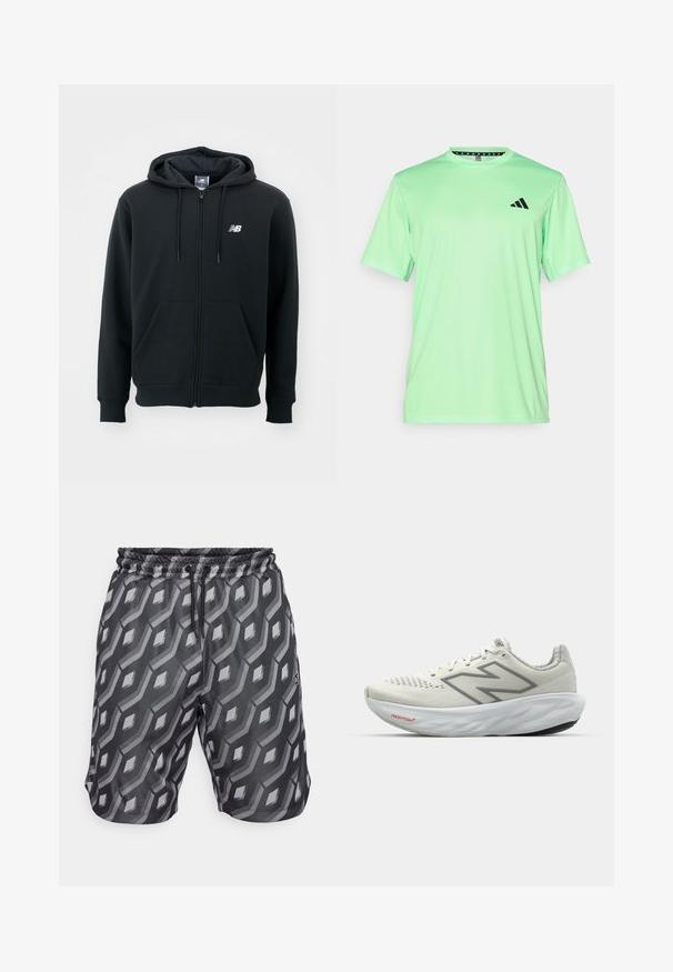 Čierna mikina na zips s kapucňou na stiahnutie, prednými vreckami, rebrovanými manžetami a malým bielym logom na ľavej hrudi. Mäkký materiál z bavlneného zmesi.; adidas Performance Športové tričko - lime burst/black; Čierne šortky s geometrickým šedým vzorom, elastickým pásom s šnúrkou na stiahnutie a viditeľnými bočnými vreckami. Vyrobené z ľahkej tkaniny.; Biele bežecké topánky so sivými akcentmi. Sieťovaná horná časť, textúrovaná podrážka a výrazné logo "N". Obsahujú vypchatý golier a označenie "Fresh Foam".