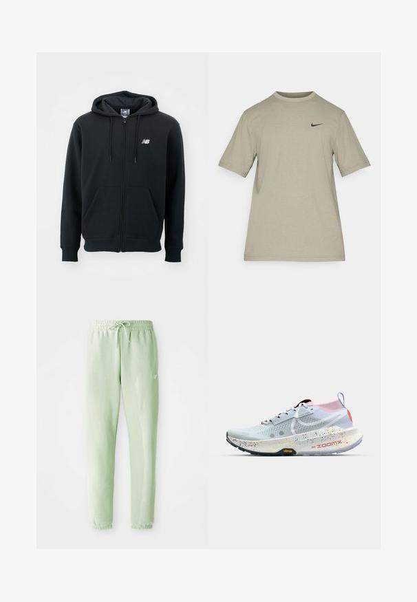 Černá mikina s kapucí na zip, se stahovací šňůrkou, předními kapsami, žebrovanými manžetami a malým bílým logem na levé straně hrudi. Měkký materiál z bavlněné směsi.; Zelené tričko s krátkým rukávem vyrobené z měkké tkaniny, s kulatým výstřihem a malým černým logem Nike na levé hrudi. Jednoduchý design.; Světle zelené tepláky vyrobené z měkkého bavlněného materiálu, s elastickým pasem a šňůrkou, zúženými nohavicemi a zakončené nařasenými manžetami.; Běžecká obuv Nike ZoomX ve světle modré barvě s růžovou a červenou patou. Má perforovaný svršek, tečkovanou mezipodešev a černou Vibram podešev.