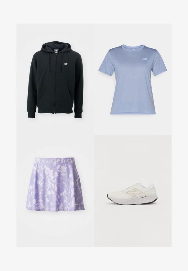 Zwarte zip-up hoodie met een trekkoordkap, voorzakken, geribbelde manchetten en een klein wit logo op de linker borst. Zacht katoenmix materiaal.; Lichtblauwe sportt-shirt met ronde halslijn, korte mouwen en een textuurstof. Heeft een klein wit logo op de linkerkant van de borst.; Paarse rok gemaakt van lichtgewicht stof met een tie-dye patroon. Heeft een uitlopende vorm en een elastische tailleband voor comfort.; Witte sportieve schoen met een bovenkant van mesh, een gevoerde kraag en een dikke, gestructureerde zool. Bevat een lichtgrijze accent en het "New Balance" logo aan de zijkant.