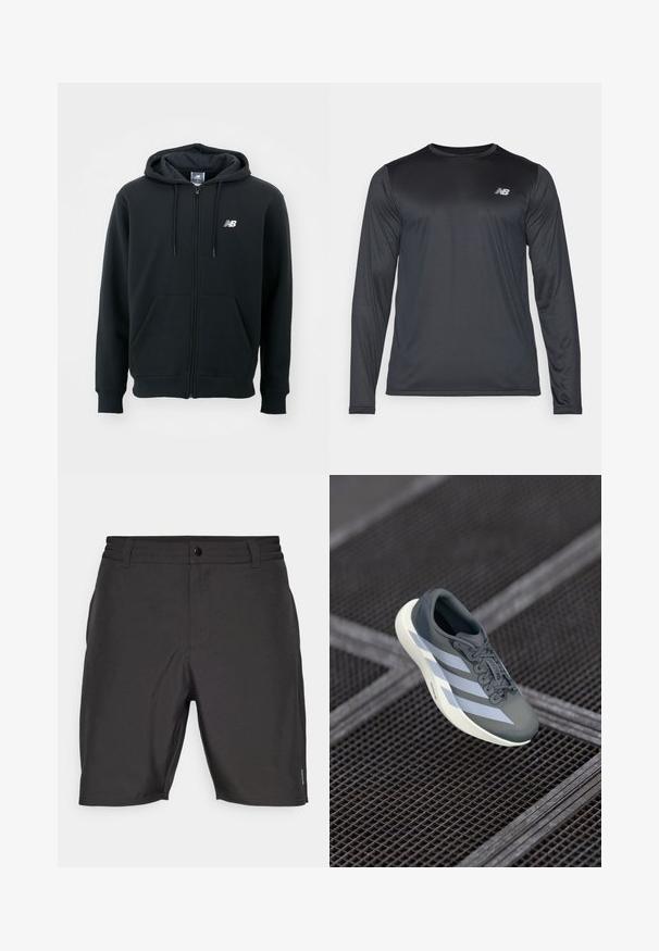 Svart hettejakke med glidelås, snorhette, frontlommer, ribbede mansjetter og en liten hvit logo på venstre bryst. Myk bomullsblanding.; Langermet treningsskjorte i svart, laget av glatt, lett stoff med en subtil tekstur. Har en liten logo på øvre venstre bryst.; Sorte badeshorts laget av glatt og lett stoff. Har knappelukking og to sidelommer, med minimalistisk design og diskret søm.; Sportsko leketøy i grått og hvitt, laget av syntetisk materiale, med et strømlinjeformet design, teksturert overflate og fremtredende snøresystem.