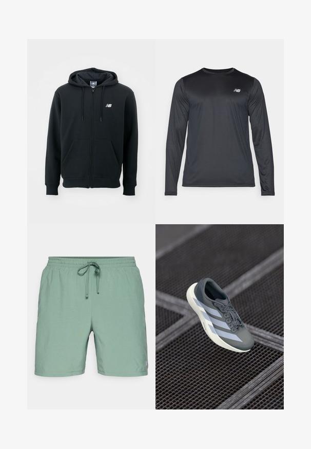 Juoda zip-up džemperis su raišteliu ant kapo, priekinėmis kišenėmis, gumele apdirbtomis rankovėmis ir maža balta logo ant kairės krūtinės. Minkšta medvilnės mišinio medžiaga.; Juodas ilgomis rankovėmis sportinis marškinėliai, pagaminti iš lygaus, lengvo audinio su subtilia tekstūra. Ant viršutinės kairės krūtinės puikuojasi mažas logotipas.; Šviesiai žali maudymosi šortai su elastine juostele ir raišteliu. Lygus audinys, kelio ilgio dizainas, šone su logotipu.; Sportiniai batai pilkos ir baltos spalvos, pagaminti iš sintetinės medžiagos, su srauniu dizainu, tekstūruota danga ir ryškiu raištelių sistemu.