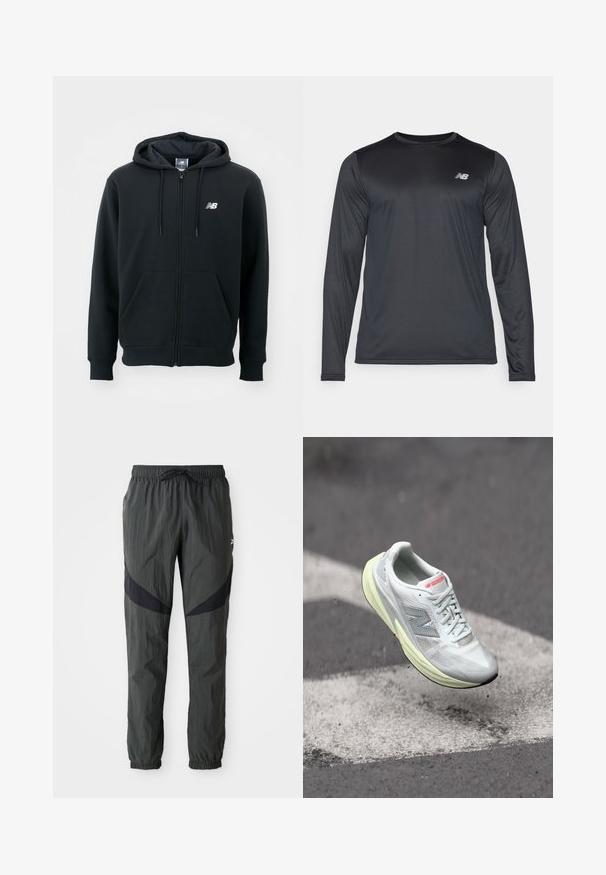 Črna zip-up kapuca z vrvico za kapuco, sprednjimi žepi, rebrastimi manšetami in majhnim belim logotipom na levi rami. Mehka bombažna mešanica.; Majica za šport z dolgimi rokavi v črni barvi, izdelana iz gladkega, lahkega blaga z rahlo teksturo. Ima majhen logotip na zgornjem levem delu prsnega koša.; Hlače iz vetrovke v temno sivi najlonski tkanini, z črnimi paneli, elastičnim pasom z vrvico in elastičnimi manšetami pri gležnih.; Lahki tekaški čevelj z belim mrežastim zgornjim delom, rumenim podplatom in sivo obrobo. Ima izstopajoč logotip 'N' in teksturirano površino.
