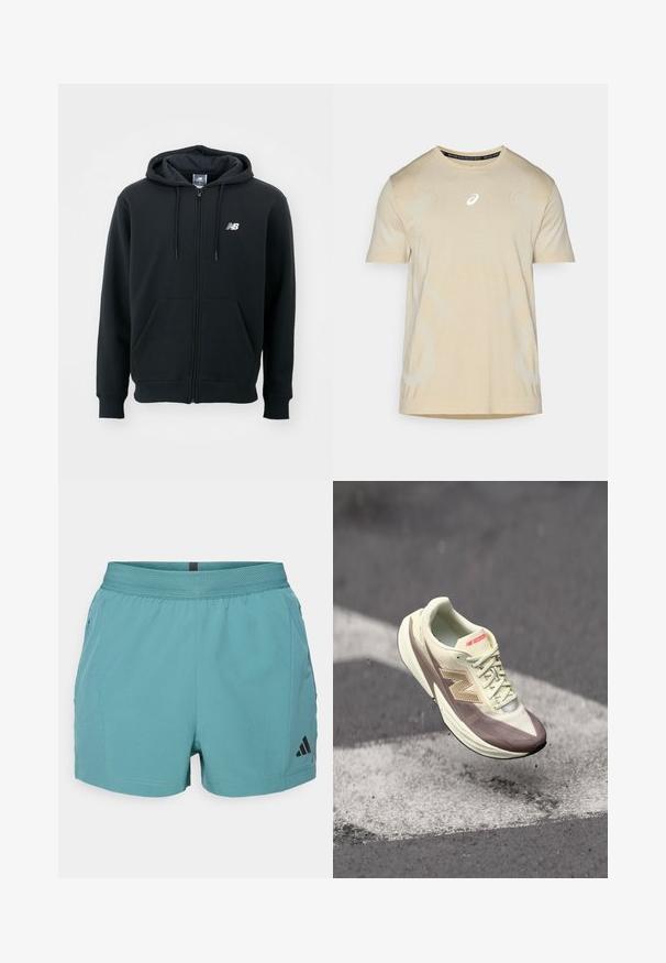 Sweatshirt preto com fecho éclair, capuz com cordão, bolsos frontais, punhos canelados e um pequeno logótipo branco no lado esquerdo do peito. Material macio em mistura de algodão.; T-shirt atlético curto de manga curta em bege claro com detalhes refletivos e acabamento texturizado, apresentando linhas de design curvadas e um decote redondo.; Calções atléticos em azul-petróleo com uma cintura texturizada, bolsos laterais e o logótipo preto da Adidas no lado inferior direito. Tecido leve.; Sapatilha atlética leve com um cabedal em creme e detalhes em castanho, apresentando uma superfície texturizada, atacadores e um logótipo em destaque na lateral.