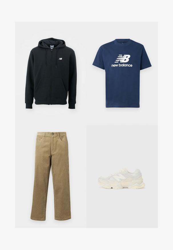 Must mustaga, millel on tõmblukk, reguleeritav kapuuts, esi-taskud, ribidega mansetid ja väike valge logo vasakul rinnakul. Pehme puuvillane segumaterjal.; Tumesinine puuvillane T-särk lühikeste varrukatega ja ümmarguse kaelusega. Esipaneelil on valge "NB" logo ja "new balance" tekst.; Heled pruunist korduroo materjalist püksid, sirge säärega disain, viis taskut ja nööbi kinnihoidmine. Tekstureeritud kangas, millel on peened sooned.; Kerge tenniseking, mille pealis on valmistatud võrgust ja seemisnahast pehmes kreemitoonis, koos paksu tallaga ja kolmemõõtmeliste aktsentidega.