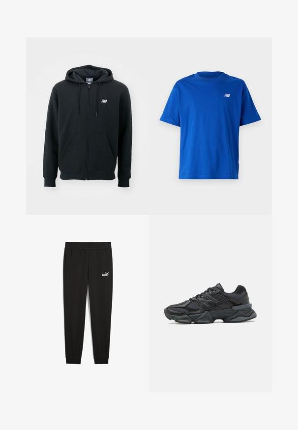 Czarna bluza z kapturem na zamek błyskawiczny, z kapturem ze sznurkiem, przednimi kieszeniami, ściągaczami na rękawach oraz małym białym logo na lewej piersi. Wykonana z miękkiego materiału mieszanki bawełny.; Niebieska bawełniana koszulka z okrągłym dekoltem i krótkimi rękawami. Posiada małe białe logo "NB" na klatce piersiowej. Prosty design, brak wzorów.; Czarne dresy wykonane z miękkiego materiału, z elastycznym pasem, bocznymi kieszeniami i białym logo Pumy po lewej stronie.; Czarne buty biegowe z mieszanką siateczki i materiałów syntetycznych, masywną podeszwą, opływowym kształtem oraz wyraźnym brandingiem z boku.