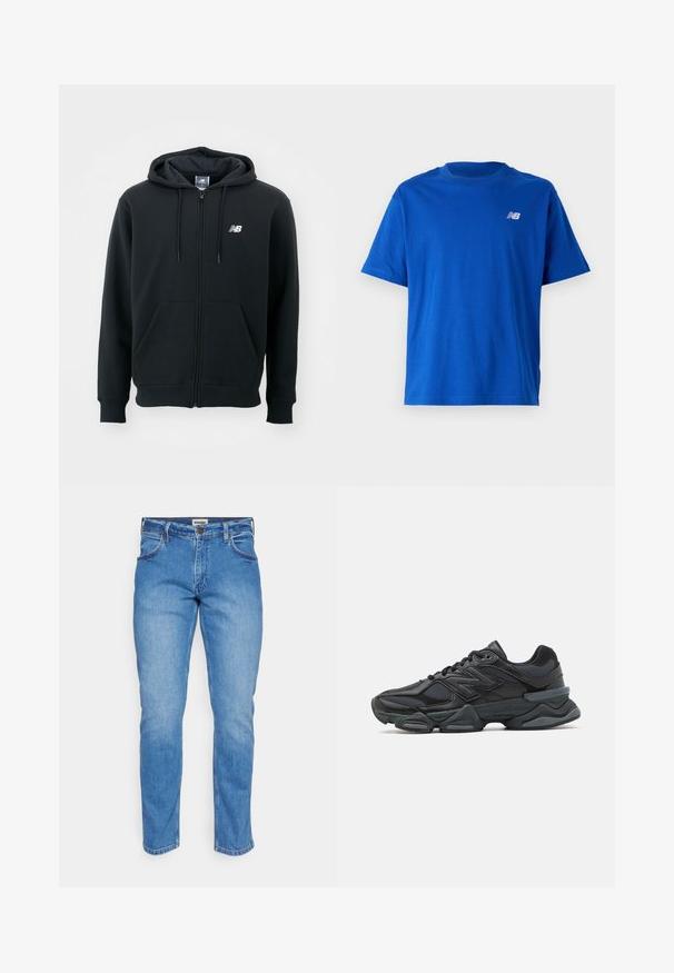 Juoda zip-up džemperis su raišteliu ant kapo, priekinėmis kišenėmis, gumele apdirbtomis rankovėmis ir maža balta logo ant kairės krūtinės. Minkšta medvilnės mišinio medžiaga.; Mėlynas medvilninis marškinėliai su apvaliu iškirpimu ir trumpomis rankovėmis. Ant krūtinės yra mažas baltas "NB" logotipas. Paprastas dizainas, be raštų.; Šviesiai mėlynos džinsinės kelnės su tiesaus kirpimo dizainu, penkių kišenių stiliumi ir vario spalvos mygtuku. Yra matoma siuvinėjimo ir subtili tekstūra.; Juodas bėgimo batelis, pagamintas iš tinklinės ir sintetinės medžiagos, turintis stambų pado dizainą, kreivą formą ir ryškią prekės ženklą šone.