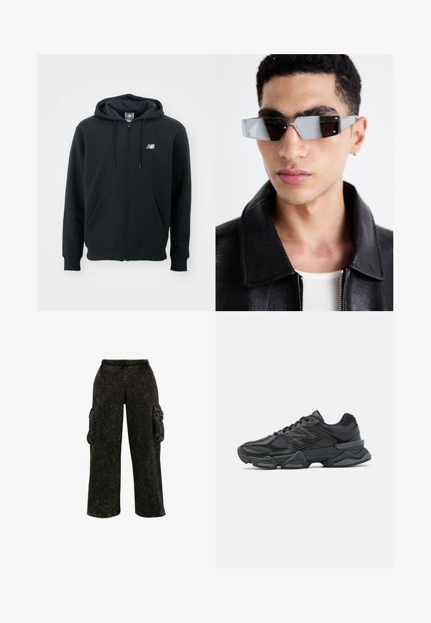 Czarna bluza z kapturem na zamek błyskawiczny, z kapturem ze sznurkiem, przednimi kieszeniami, ściągaczami na rękawach oraz małym białym logo na lewej piersi. Wykonana z miękkiego materiału mieszanki bawełny.; Szary t-shirt z krótkim rękawem wykonany z miękkiej bawełny, z okrągłym dekoltem i małym logo po lewej stronie na klatce piersiowej.; Czarne spodnie cargo o teksturowanym wykończeniu, z elastycznym paskiem w talii i bocznymi kieszeniami. Posiadają szerokie nogawki i luźny krój.; Czarne buty biegowe z mieszanką siateczki i materiałów syntetycznych, masywną podeszwą, opływowym kształtem oraz wyraźnym brandingiem z boku.; Kątowe, szare okulary przeciwsłoneczne z metalowymi elementami w kolorze srebrnym, na jasnym tle. Soczewki mają unikalny, geometryczny kształt.