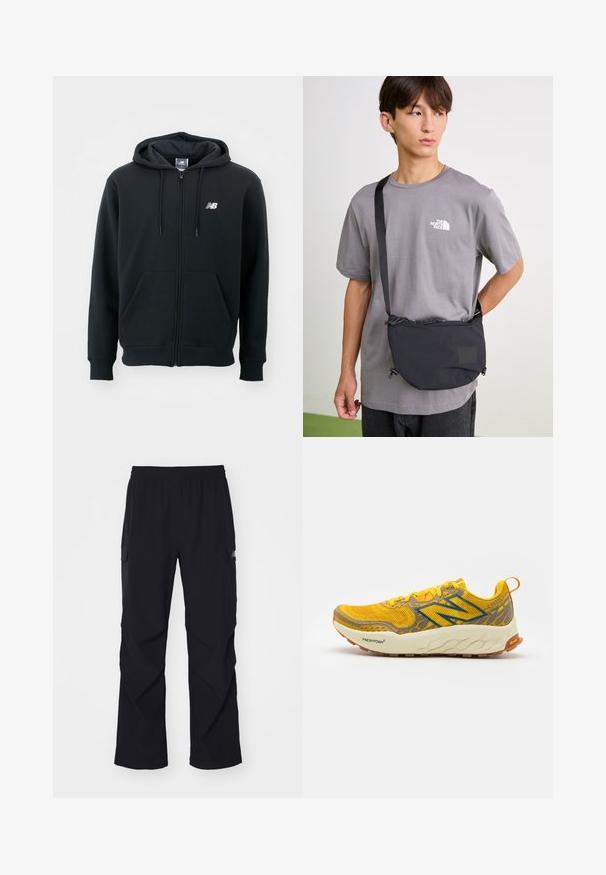 Sort zip-up hoodie med en snøre til hætten, frontlommer, ribstrikkede manchetter og et lille hvidt logo på venstre bryst. Blødt bomuldsblanding materiale.; Grå kortærmet t-shirt lavet af blødt stof med et subtilt logo i lyseblå på venstre bryst. Rund halsudskæring, almindelig pasform.; Sorte cargo bukser lavet af let materiale, med elastisk talje, sidelommer og lige ben design.; Gul løbesko med grå accenter, åndbart mesh-overdel, struktureret design, polstret mellemsål og gummisål. "Fresh Foam"-mærket er synligt.; Sort nylon crossbody taske med justerbar rem, der har en snøre lukning og prægede logo detaljer. Bæres over en grå t-shirt.