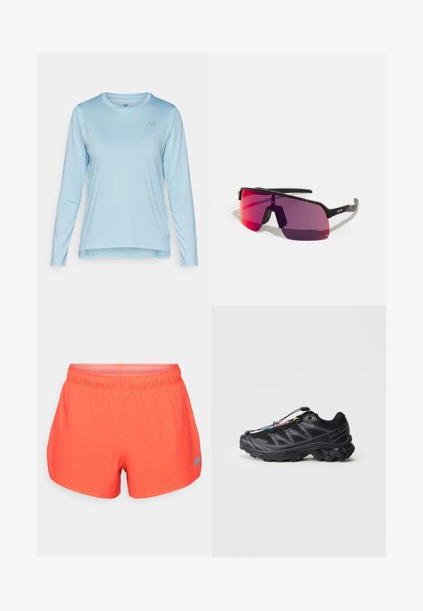 Fekete cipzáros kapucnis pulóver állítható kapucnival, elülső zsebekkel, bordás mandzsettákkal és egy kis fehér logóval a bal mellrészen. Puhaszövetű pamut keverékanyag.; New Balance SPORT ESSENTIALS LONG SLEEVE - Hosszú ujjú felső - chrome blue; Férfi futóshort világos korall színben, légáteresztő anyagból, perforált textúrával. Rugalmas derékrésszel és kék logós díszítéssel rendelkezik.; Fekete sportcipő textúrázott hálós felsőrésszel, megerősített orral és gyorsfűző rendszerrel. Jellemzője a strapabíró talp és a kis mértékű sarokemelkedés.; Fekete sport napszemüveg, rózsaszín és lila átmenetes lencsékkel, letisztult geometrikus dizájnnal. Állítható orrdarabbal és logóval ellátott karján.
