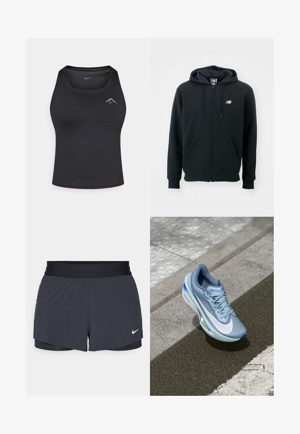 Hanorac negru cu fermoar, cu glugă cu șnur, buzunare frontale, manșete cu nervuri și un mic logo alb pe pieptul stâng. Material moale dintr-un amestec de bumbac.; Tricou sport negru fără mâneci, cu decolteu rotund, realizat dintr-un material elastic. Are un mic logo albastru pe piept și o croială ajustată.; Shorts atletici negri, cu un elastic la talie, având un design stratificat și un mic logo alb Nike în partea stângă jos. Material ușor.; Adidas cu un design albăstrui deschis, cu o parte superioară din plasă respirabilă, un Swoosh alb distinctiv și accente verzi pe talpa exterioară.