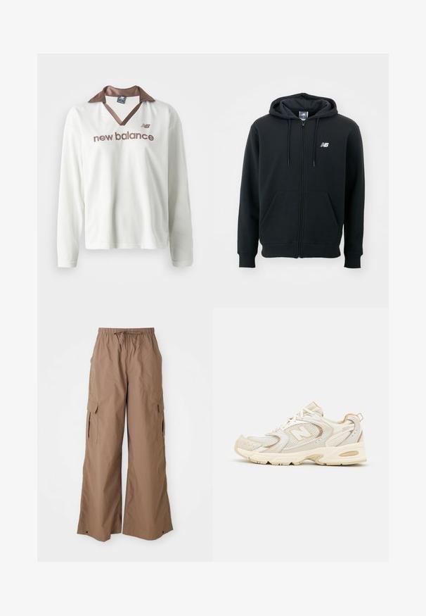 Hanorac negru cu fermoar, cu glugă cu șnur, buzunare frontale, manșete cu nervuri și un mic logo alb pe pieptul stâng. Material moale dintr-un amestec de bumbac.; Cămașă albă cu mâneci lungi din plasă, cu guler din satin maro. Prezintă logo-ul "new balance" în maro pe față. Design sportiv casual.; Pantaloni cargo maro, cu croială largă, talie cu șnur și buzunare laterale cu clapetă, cu design cu picioare largi, expuși pe un fundal alb.; Încălțăminte sport bej cu plasă și suprapuneri sintetice, având o suprafață texturată, guler umplut și amortizare „ABZORB” la călcâi.