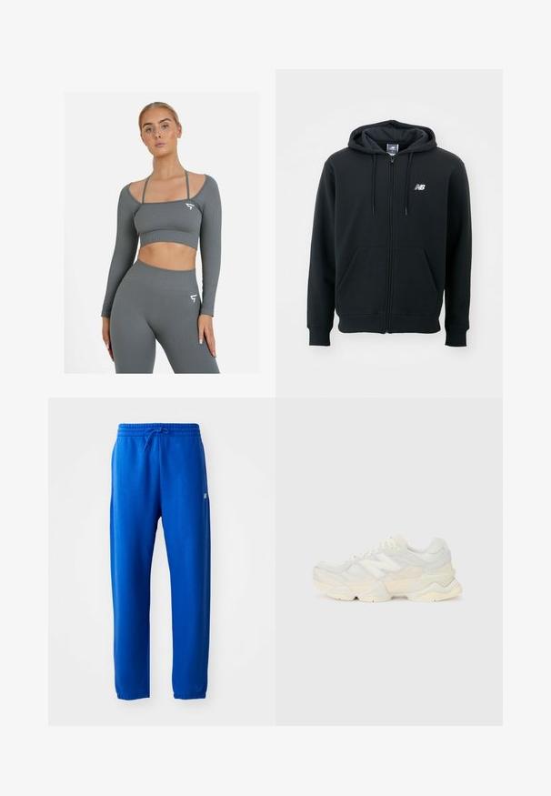 Schwarzer Reißverschluss-Hoodie mit einer Kapuze mit Kordelzug, vorderen Taschen, gerippten Bündchen und einem kleinen weißen Logo auf der linken Brust. Weiches Baumwollmischgewebe.; SQUATPROOF CONVEY SEAMLESS - Langarmshirt - grey; Blaue Sweatpants aus weichem Stoff, mit einem elastischen Bund und Kordelzug, schmal zulaufenden Beinen und einem kleinen Logodetail an der Seite.; Leichte Sneaker mit einem Obermaterial aus Mesh und Wildleder in sanften Cremetönen, einer dicken Sohle und dreidimensionalen Akzenten.