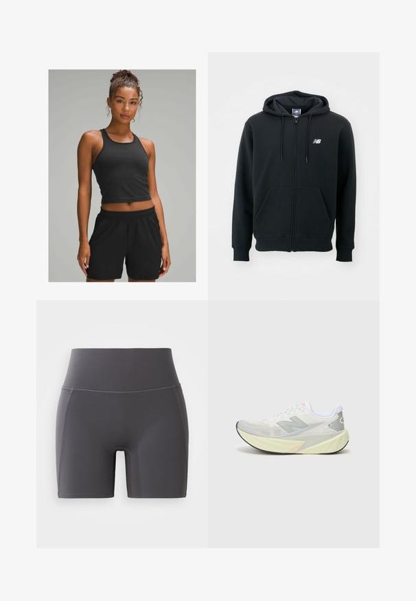 Must mustaga, millel on tõmblukk, reguleeritav kapuuts, esi-taskud, ribidega mansetid ja väike valge logo vasakul rinnakul. Pehme puuvillane segumaterjal.; Mustra mustriga mustre kaugus, must elastne vöökoht, sujuv tekstuur ja sobilik aktiivseks kandmiseks.; Hallid hallid spordilühikesed püksid, kõrge vöökoht, valmistatud siledast ja venivast kangast. Omavad lamedaid õmblusi ja sobivat disaini.; Kerge jooksujalats halli ja valge võrkmaterjalist pealsega, silmapaistva 'N' logoga ja kollase keskmise tallaga, millel on kaldu aktsenti. Must välistald.