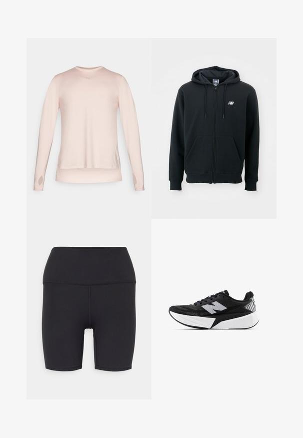 Juoda zip-up džemperis su raišteliu ant kapo, priekinėmis kišenėmis, gumele apdirbtomis rankovėmis ir maža balta logo ant kairės krūtinės. Minkšta medvilnės mišinio medžiaga.; Ilgas rankovės sportinis marškinėlis šviesiai rožinės spalvos, pagamintas iš glotnaus audinio; turi thumbholes ir atspindinčią logotipo detalę ant krūtinės.; Juodos sportinės šortai, pagaminti iš tamprios medžiagos, su aukštu juosmeniu, lygia tekstūra ir be matomų raštų ar detalių.; Juodai balta New Balance bėgimo batai su storesne pado dalimi, tinklinė viršutinė dalis ir "N" logotipas šone, matoma iš išorinės pusės.