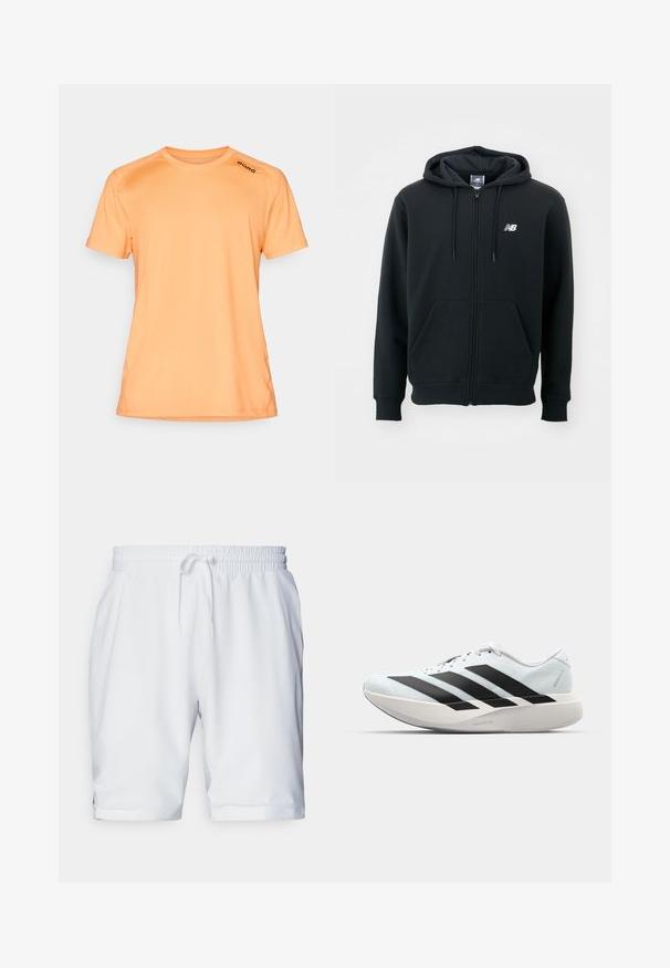 Juoda zip-up džemperis su raišteliu ant kapo, priekinėmis kišenėmis, gumele apdirbtomis rankovėmis ir maža balta logo ant kairės krūtinės. Minkšta medvilnės mišinio medžiaga.; Trumpas rankovėmis oranžinis sportinis marškinėliai, pagamintas iš lygios medžiagos, su apvaliu kaklu ir juodu „BORG“ logotipu ant peties.; Balti sportiniai šortai su elastingu juosmeniu ir reguliuojamu raiščiu. Lygus audinys su subtilia tekstūra, su šoninėmis kišenėmis.; Lengvi bėgimo batai šviesiai mėlynos spalvos su juodomis juostelėmis. Yra lygus viršus, apvalus pirštas ir storas baltas vidpadis su užrašu "LIGHTSTRIKE PRO."