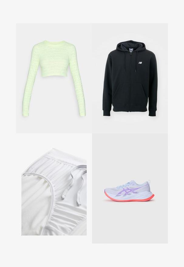 Must mustaga, millel on tõmblukk, reguleeritav kapuuts, esi-taskud, ribidega mansetid ja väike valge logo vasakul rinnakul. Pehme puuvillane segumaterjal.; Hele roheline pikkade varrukatega lühike topp, millel on üle kogu pinna "NIKE PRO" teksti muster. Sobiv, sile tekstuur, ümmargune kaelus ja tihedad varrukad.; Valged sportlikud lühikesed püksid tekstureeritud vööosaga, kogutud külgedetailidega ja lameda tõmblukuga. Pehme kangas siledast viimistlusest.; Heledad sinine jooksujalats, millel on lillad aktsendid, võrkkangas ülemine osa õhupidavuse tagamiseks, roosa vaheosa ja tekstuuriga tallad hea haarde tagamiseks.