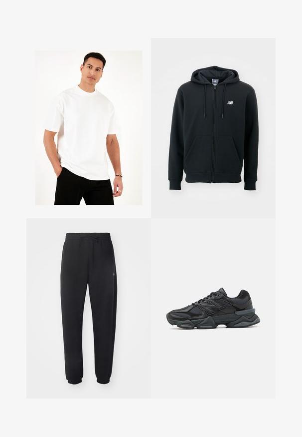 Felpa nera con zip e cappuccio regolabile, tasche frontali, polsini a costine e un piccolo logo bianco sul lato sinistro del petto. Materiale morbido in misto cotone.; T-shirt bianco girocollo realizzato in cotone leggero. Maniche corte, vestibilità comoda e cuciture piatte. Indossato con pantaloni neri, mani nelle tasche.; Pantaloni della tuta neri realizzati in materiale morbido con vita elastica, coulisse e polsini aderenti, caratterizzati da un logo sottile sul lato.; Scarpa da corsa nera con una combinazione di materiali in rete e sintetici, suola spessa, design curvo e marchio ben visibile sul lato.