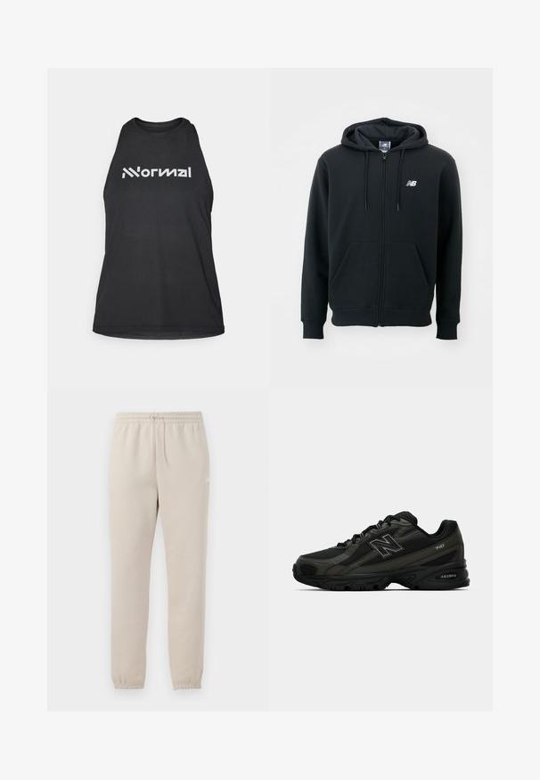 Črna zip-up kapuca z vrvico za kapuco, sprednjimi žepi, rebrastimi manšetami in majhnim belim logotipom na levi rami. Mehka bombažna mešanica.; Črn atletski top s teksturirano tkanino. Ima visok ovratnik in bel napis "Normal" na sprednji strani. Brezrokavni dizajn.; Svetlo bež trenirke iz mehkega blaga z elastiko v pasu, nastavljivo vrvico in zoženimi manšetami na gležnjih.; Črne atletske čevlje s teksturiranim sintetičnim zgornjim delom, ki imajo podložen podplat in izstopajoč "N" logotip na strani. Oblikovanje vključuje lahkotne mrežaste sekcije.