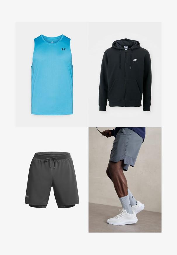 Sort zip-up hoodie med en snøre til hætten, frontlommer, ribstrikkede manchetter og et lille hvidt logo på venstre bryst. Blødt bomuldsblanding materiale.; Lys blå ærmeløs sports tanktop lavet af syntetisk materiale, med et sort logo på øverste venstre side og en rund udskæring.; Mørkegrå sportsbukser med elastisk talje, justerbar snor og indre mesh-for; har diskret branding på venstre ben.; Hvide sportsko med tekstureret mesh-overdel, parret med lyseblå ribbede sokker med et logo. Grå sports shorts med perforeret kant.