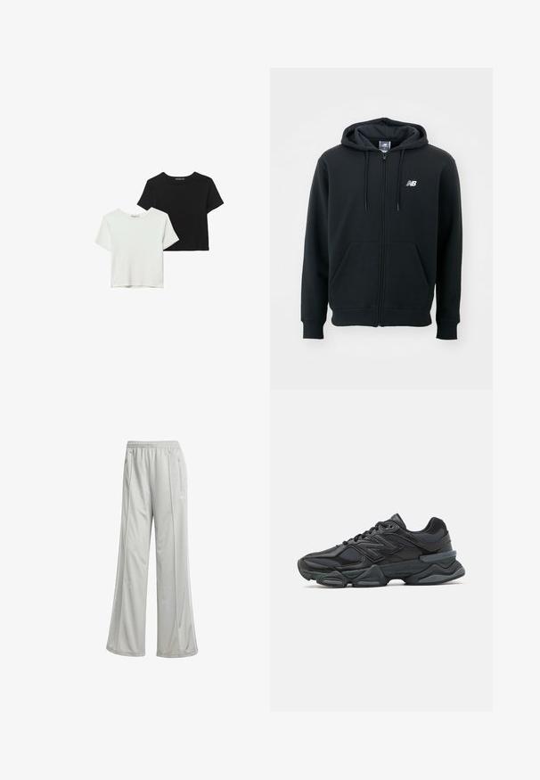 Sort zip-up hoodie med en snøre til hætten, frontlommer, ribstrikkede manchetter og et lille hvidt logo på venstre bryst. Blødt bomuldsblanding materiale.; To kortærmede t-shirts, én sort og én hvid, lavet af blødt bomuld. Begge har en rund halsudskæring og en afslappet pasform.; Lysegrå træningsbukser med løs pasform, lavet af glat, syntetisk stof. Har en elastisk talje og sidelommer med lynlås.; Sorte løbesko med en blanding af mesh og syntetiske materialer, kraftig sål, buet design og fremtrædende branding på siden.