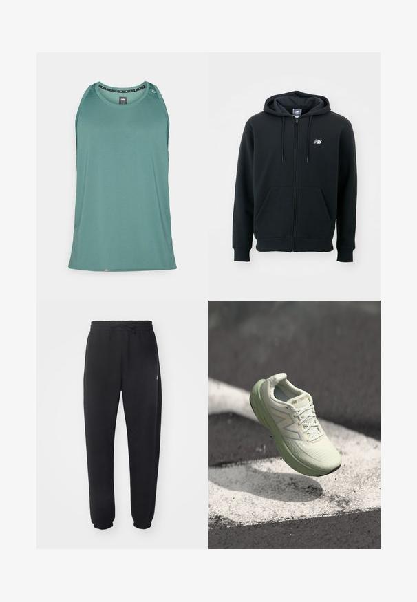 Svart zip-up hoodie med dragsko i huven, framfickor, ribbade ärmslut och en liten vit logga på vänster bröst. Mjuk bomullsblandning.; Turkos ärmlös linne gjort av andningsbart tyg, med rund halsringning och små dekorativa detaljer nära axeln.; Svarta sweatpants gjorda av mjukt material med elastisk midja, snörning och smalnande mudd, med en subtil logotyp på sidan.; Ljust grön sportskor med ett texturerat nätövre, vita accenter och en rundad tå, visad i luften mot en mörk yta.