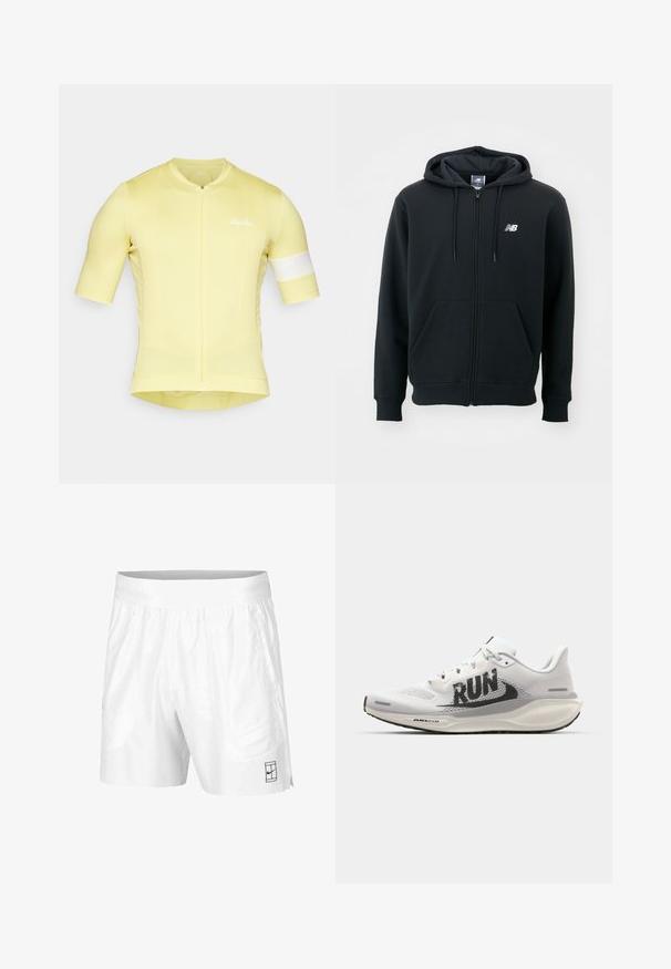 Sudadera con cremallera negra, capucha con cordón, bolsillos frontales, puños acanalados y un pequeño logo blanco en el lado izquierdo del pecho. Material suave de mezcla de algodón.; Jersey de ciclismo amarillo con mangas cortas, diseño ajustado, tejido texturizado, cremallera frontal y una banda de acento blanca en la manga. Logo de "Rapha" presente.; Pantalones cortos deportivos blancos hechos de una tela ligera con una cinturilla elástica, que cuentan con dos bolsillos laterales y un pequeño logo negro en el dobladillo.; Zapatilla de running blanca con parte superior de malla, gran gráfico negro de "RUN", acentos en gris claro y una suela acolchada con la marca "AIR 200M".