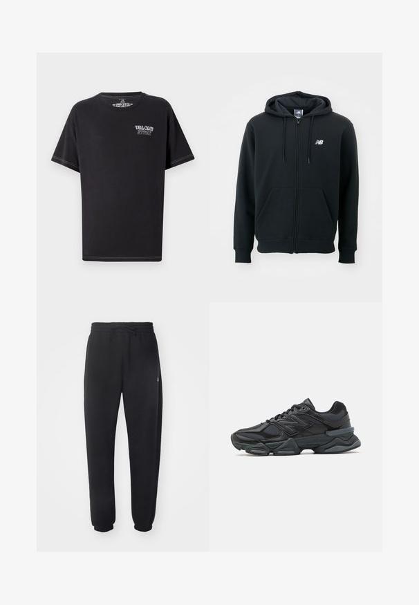 Melnā kapuce ar rāvējslēdzēju, ar regulējamu kapuci, priekšējām kabatām, ribotām aprocēm un mazu balto logotipu kreisajā krūtī. Mīksts kokvilnas sajaukuma materiāls.; Melna kokvilnas T-kreklu ar apaļu kakla izgriezumu, īsām piedurknēm un balto kontrasta šuvēm. Priekšpusē ir uzraksts "VOLCOM STORE" gaišā tekstā.; Melni sporta bikses no mīksta materiāla ar elastīgu jostu, aukliņu un sašaurinātiem piedurknēm, ar smalku logo sānos.; Melna skriešanas apavi ar jauktu acu audumu un sintētiskiem materiāliem, masīvu zoli, izliekta dizaina elementiem un izteiktu zīmola logotipu uz sāniem.