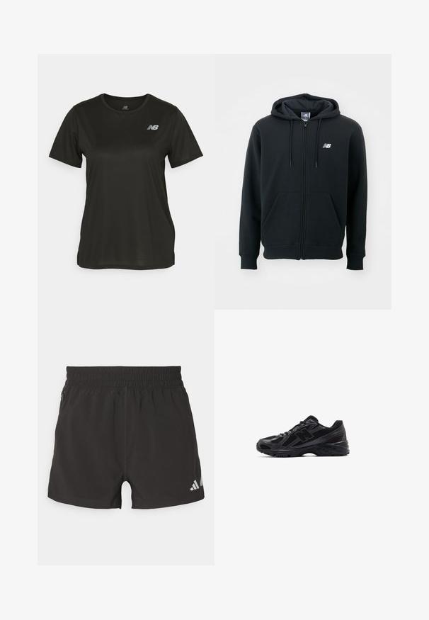 Melnā kapuce ar rāvējslēdzēju, ar regulējamu kapuci, priekšējām kabatām, ribotām aprocēm un mazu balto logotipu kreisajā krūtī. Mīksts kokvilnas sajaukuma materiāls.; Melnas īsām piedurknēm T-krekls, kas izgatavots no gludas auduma, ar apaļu dekoltē un atstarojošu baltu logotipu kreisajā krūtī.; Melnas sporta šortus, kas izgatavoti no viegla auduma. Iespējas ietver elastīgu jostasvietu, sānu rāvējslēdzēja kabatu un atstarotāju logotipu apakšmalā.; Melnas sporta apavus ar sieta augšdaļu un sintētiskām virsmām, ar strukturētu zoli un atstarojošiem akcentiem redzamībai.