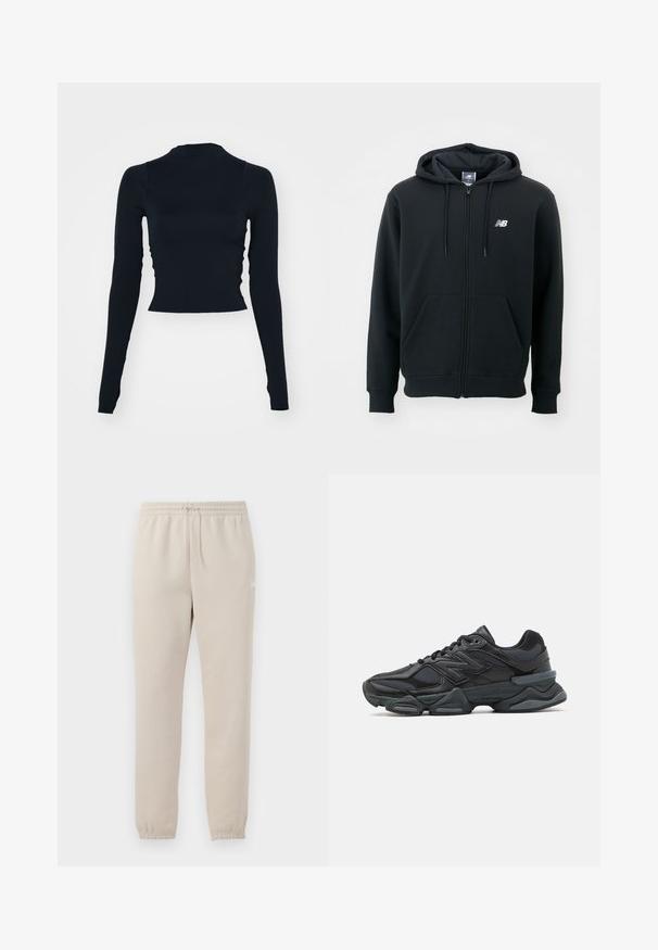 Svart hettejakke med glidelås, snorhette, frontlommer, ribbede mansjetter og en liten hvit logo på venstre bryst. Myk bomullsblanding.; Svart, langermet cropped topp med høy hals. Laget av glatt, tettsittende stoff uten synlige mønstre eller detaljer.; Lys beige sweatpants laget av myk stoff med elastisk midje, justerbar snor og smale mansjetter ved anklene.; Svart løpesko med en blanding av mesh og syntetiske materialer, chunky såle, buet design og fremtredende merkevare på siden.