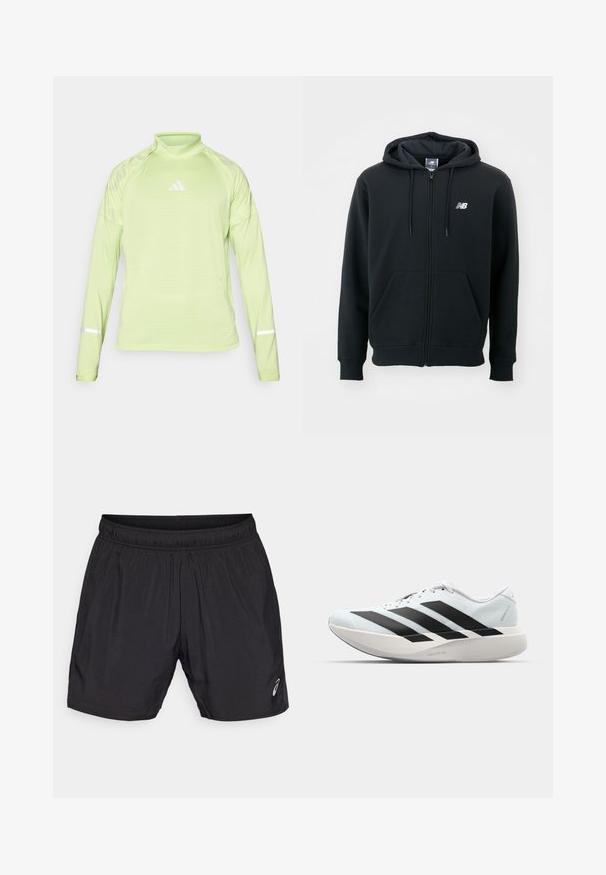 Schwarzer Reißverschluss-Hoodie mit einer Kapuze mit Kordelzug, vorderen Taschen, gerippten Bündchen und einem kleinen weißen Logo auf der linken Brust. Weiches Baumwollmischgewebe.; Helles grünes, langärmliges Sporthemd mit einem Stehkragen, das ein weißes Logo und reflektierende Akzente an den Bündchen aufweist. Hergestellt aus strukturiertem, atmungsaktivem Material.; Schwarze sportliche Shorts aus leichtem Material, mit einem elastischen Bund und einem kleinen Logo auf der unteren linken Seite.; Leichte Laufschuhe in hellblau mit schwarzen Streifen. Sie verfügen über ein glattes Obermaterial, eine runde Zehenpartie und eine dicke weiße Zwischensohle, die mit "LIGHTSTRIKE PRO" beschriftet ist.