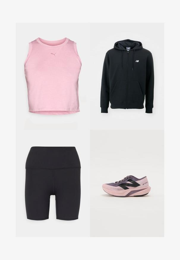 Must mustaga, millel on tõmblukk, reguleeritav kapuuts, esi-taskud, ribidega mansetid ja väike valge logo vasakul rinnakul. Pehme puuvillane segumaterjal.; Roosa ilma varrukat crop top, mis on tehtud pehmest kangast. Omab ümmargust dekolte ja väikest, diskreetset logo rinnal. Sile tekstuur.; Mustad mustad lühikesed püksid, mis on valmistatud venivast materjalist, omavad kõrget taljeosa, sileda tekstuuri ning ei sisalda nähtavaid mustreid ega metallosi.; Kerged jooksujalats roosa ja lilla gradientkujundusega. Omab hingavat võrkkatet, musti aktsente ja pehmet tallat.