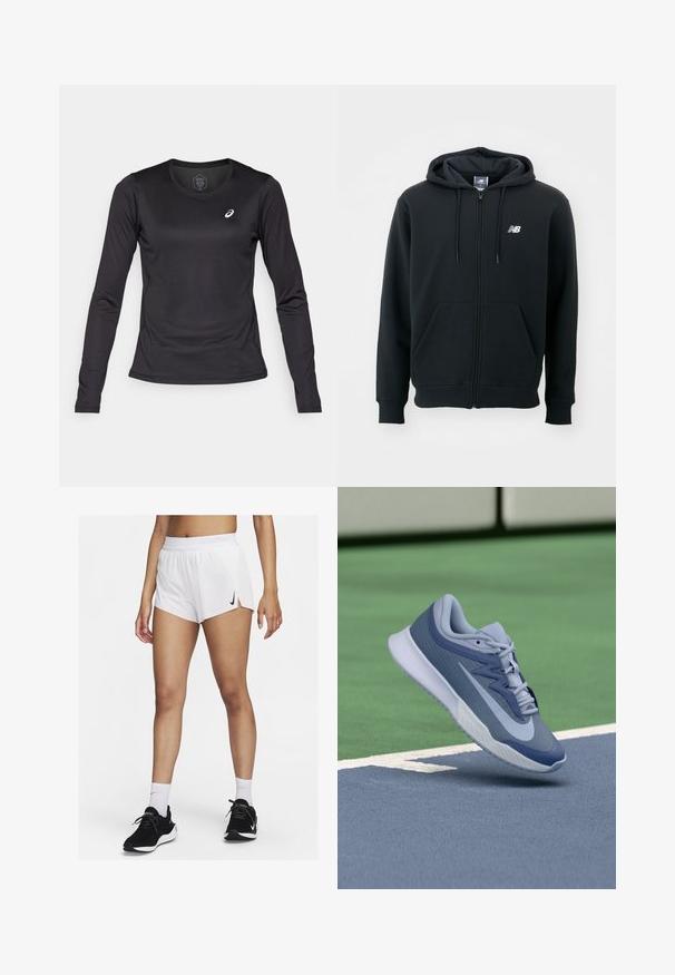 Felpa nera con zip e cappuccio regolabile, tasche frontali, polsini a costine e un piccolo logo bianco sul lato sinistro del petto. Materiale morbido in misto cotone.; ASICS CORE TOP - Maglietta a manica lunga - performance black; Pantaloncini sportivi bianchi con vita a coste, spacchi laterali e logo Nike nero. Indossati con scarpe da ginnastica nere e calzini bianchi alti.; Sneaker sportivo in blu chiaro e blu scuro, con una parte superiore texturizzata, lacci piatti e una suola bianca leggera. Elevato sopra una superficie da campo.