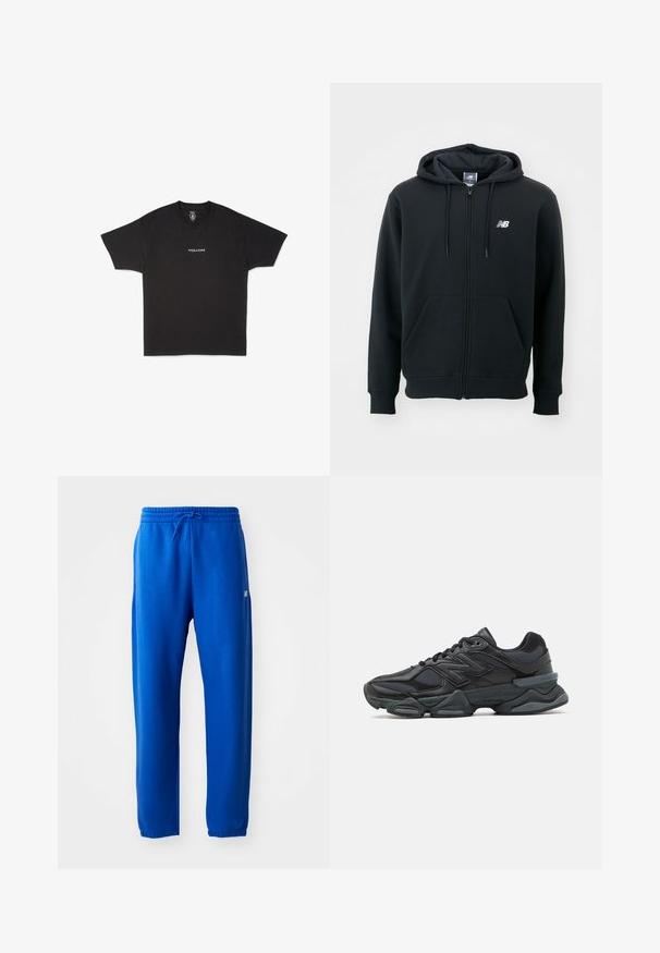 Hoodie zippé noir avec une capuche à cordon, poches avant, poignets côtelés et un petit logo blanc sur la poitrine gauche. Matière en mélange de coton doux.; T-shirt en coton noir avec un col rond et des manches courtes, arborant un petit logo "VOLCOM" blanc imprimé au centre devant.; Pantalon de sport bleu en tissu doux, doté d'une taille élastique avec cordon de serrage, de jambes fuselées et d'un petit logo sur le côté.; Chaussure de course noire mettant en avant un mélange de mesh et de matériaux synthétiques, avec une semelle épaisse, un design arrondi et un logo bien visible sur le côté.