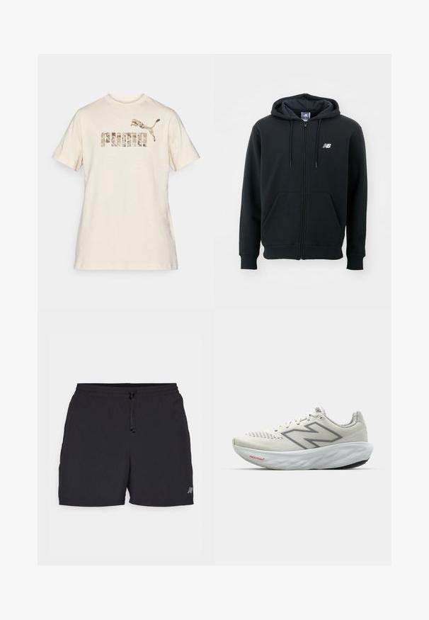 Must mustaga, millel on tõmblukk, reguleeritav kapuuts, esi-taskud, ribidega mansetid ja väike valge logo vasakul rinnakul. Pehme puuvillane segumaterjal.; Kreem värvi puuvillane T-särk lühikeste varrukatega ja ümarate kaelustega. Omab kamuflaažimustriga "PUMA" logo ja hüppava pumaga embleemi, mis on trükitud pehmelt toonides.; Musted lühikesed püksid, mis on valmistatud kerge kangaga. Omab elastset vööd koos nööpidega, küljetaskut ning väikest logo aktsenti.; Valged jooksujalatsid hallide aktsentidega. Võrgust pealis, tekstureeritud tallad ja silmatorkav "N" logo. Omab pehmendatud kaelaosa ja "Fresh Foam" sildi.