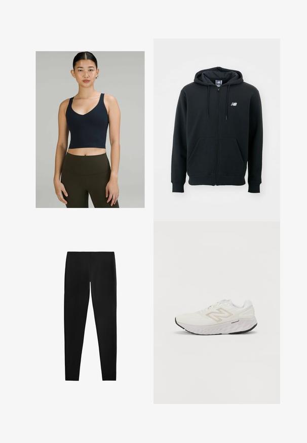 Black zip-up hoodie with a drawstring hood, front pockets, ribbed cuffs, and a small white logo on the left chest. Soft cotton blend material.; Navy blue cropped sports top with a v-neck design and thin straps, made from stretchy fabric, paired with high-waisted olive green leggings.; Black leggings made of smooth, stretchy fabric. The design features a fitted shape with no visible seams or patterns, offering a sleek look.; White athletic shoe with mesh upper, padded collar, and a thick, textured sole. Features a light grey accent and the "New Balance" logo on the side.