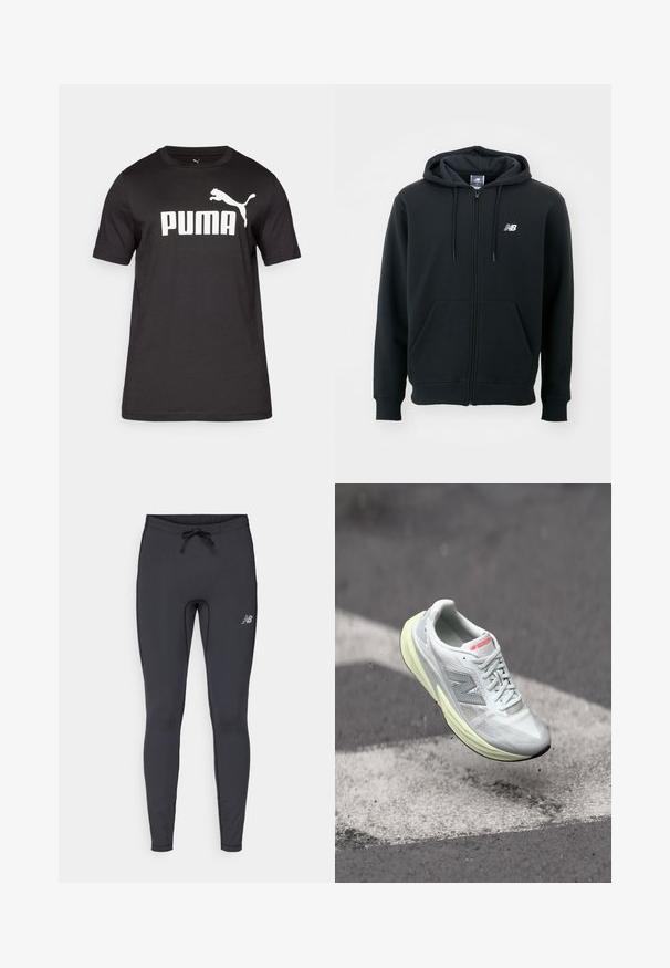 Sweatshirt preto com fecho éclair, capuz com cordão, bolsos frontais, punhos canelados e um pequeno logótipo branco no lado esquerdo do peito. Material macio em mistura de algodão.; T-shirt de algodão preto com um logótipo branco "PUMA" e um gráfico de puma salta no peito. Mangas curtas e decote redondo.; Leggings atléticas pretas feitas de tecido elástico. Apresentam um cós com cordão e um pequeno logótipo refletor na parte frontal da coxa direita.; Shoe de corrida leve com um cabedal em malha branca, entressola amarela e detalhes cinzentos. Apresenta um proeminente logotipo ‘N’ e uma superfície texturizada.