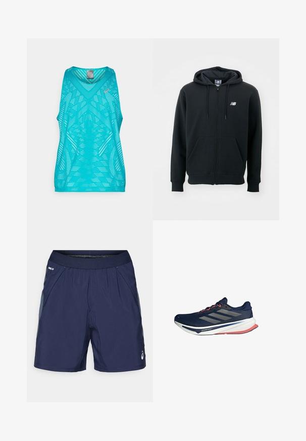 Felpa nera con zip e cappuccio regolabile, tasche frontali, polsini a costine e un piccolo logo bianco sul lato sinistro del petto. Materiale morbido in misto cotone.; Top in turchese leggero con scollatura a V, caratterizzato da un motivo testurizzato di perforazioni e dettagli del logo a contrasto.; Pantaloni shorts sportivi blu navy con vita elastica, tasche laterali e dettagli grigio chiaro. Realizzati in tessuto leggero e morbido per il massimo comfort.; Scarpa da corsa blu navy con tomaia in rete, tre strisce argento, dettagli rossi su lacci e suola esterna, intersuola bianca ammortizzata, design leggero.