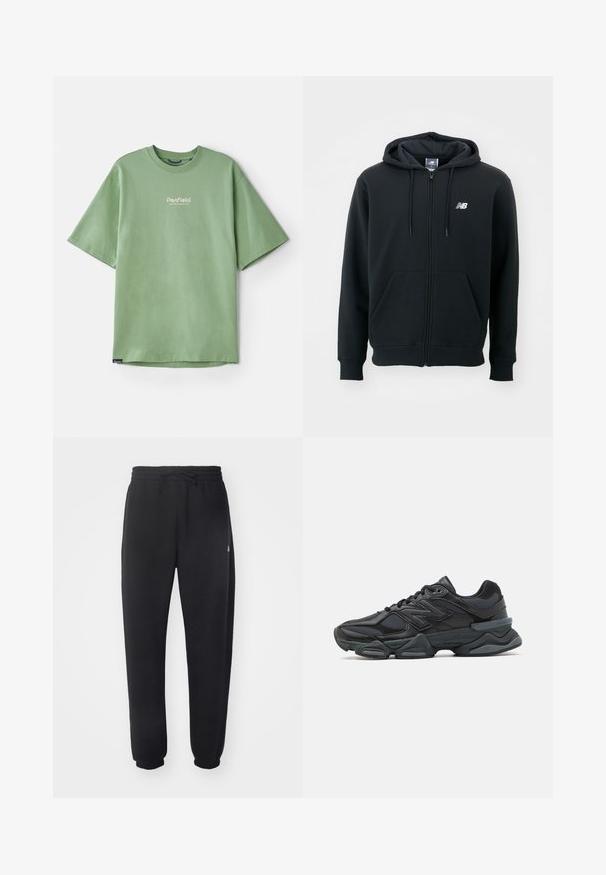 Must mustaga, millel on tõmblukk, reguleeritav kapuuts, esi-taskud, ribidega mansetid ja väike valge logo vasakul rinnakul. Pehme puuvillane segumaterjal.; Roheline lühikeste varrukatega T-särk, mis on valmistatud puuvillast, ümarate kaelustega ja väikese valge logoga rinnal. Sile tekstuur, mugav lõige.; Mugavad mustad spordipüksid pehmest materjalist, elastse vöökoha, nööridega ja kitsenevate varrukatega, külgedel on diskreetne logo.; Mustad mustus jooksukeng, mis sisaldab segu võrgust ja sünteetilisest materjalist, jäme talla, kaarduv disain ja silmapaistev bränding külgedel.