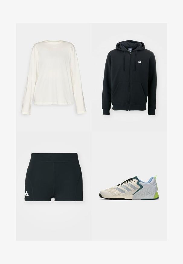 Svart hettejakke med glidelås, snorhette, frontlommer, ribbede mansjetter og en liten hvit logo på venstre bryst. Myk bomullsblanding.; Langermet t-skjorte med rund hals i lys beige bomull, med en subtil logo på brystet og en avslappet passform med rett søm.; Svart trening shorts laget av elastisk stoff, med høy midje, tettsittende fasong, og hvit Adidas-logo på venstre side.; Lettvektsidrettssko med et kremfarget mesh-overdel, grå striper, en grønn detalj og en teksturert blå hæl. Svarte lisser.