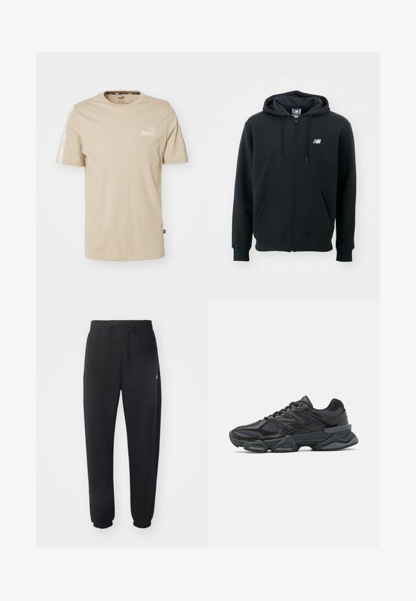 Sudadera con cremallera negra, capucha con cordón, bolsillos frontales, puños acanalados y un pequeño logo blanco en el lado izquierdo del pecho. Material suave de mezcla de algodón.; Puma TAPE TEE - Camiseta estampada - oak branch; Pantalones de chándal negros hechos de un material suave, con una cintura elástica, cordón y puños acampanados, con un sutil logotipo en el lateral.; Zapatilla de running negra que presenta una combinación de malla y materiales sintéticos, suela gruesa, diseño curvado y una marca prominente en el costado.