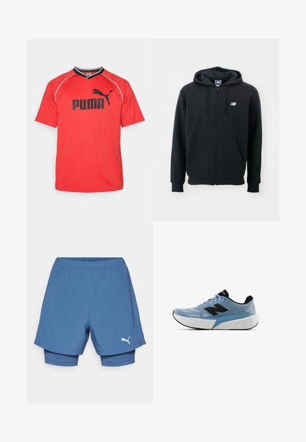 Black zip-up hoodie with a drawstring hood, front pockets, ribbed cuffs, and a small white logo on the left chest. Soft cotton blend material.; Red short-sleeve sports jersey made of breathable fabric. Features black Puma logo and contrasting black and white collar accents.; Puma blue athletic shorts with a layered design, featuring an elastic waistband, smooth texture, and a white logo on the lower leg.; Light blue running shoe with black logo, thick white sole, and black inner lining, viewed from the side on a white background.