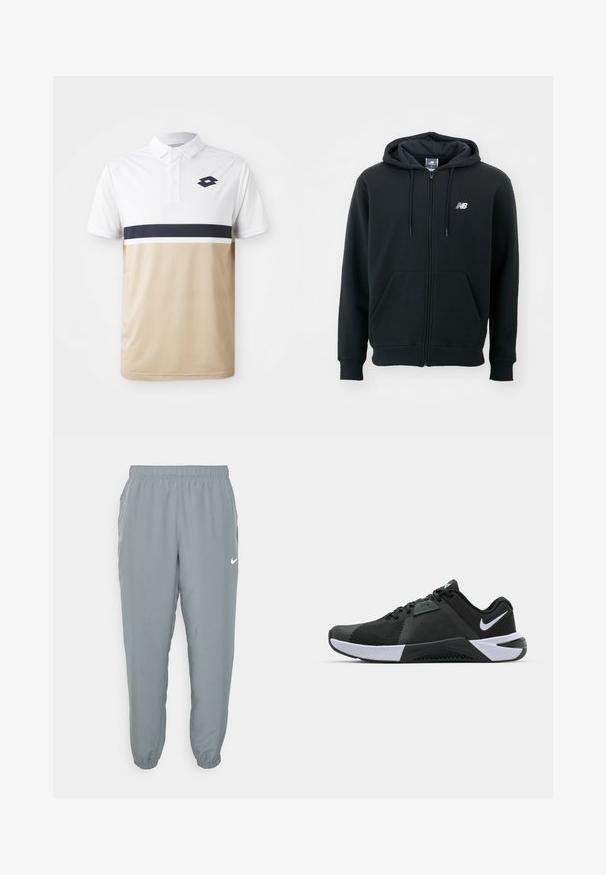 Čierna mikina na zips s kapucňou na stiahnutie, prednými vreckami, rebrovanými manžetami a malým bielym logom na ľavej hrudi. Mäkký materiál z bavlneného zmesi.; Polo tričko s bielym vrchom, béžovým spodkom a námorníckym horizontálnym pruhom. Obsahuje golier na gombíky a logo na hrudi. Textúrovaná látka.; Svetlo šedé tepláky s elastickým pásom, bočnými vreckami a zúženými manžetami. Obsahujú malé biele logo Nike. Hladký povrch.; Nike Performance METCON 10 - Tréningová obuv - black/white/anthracite