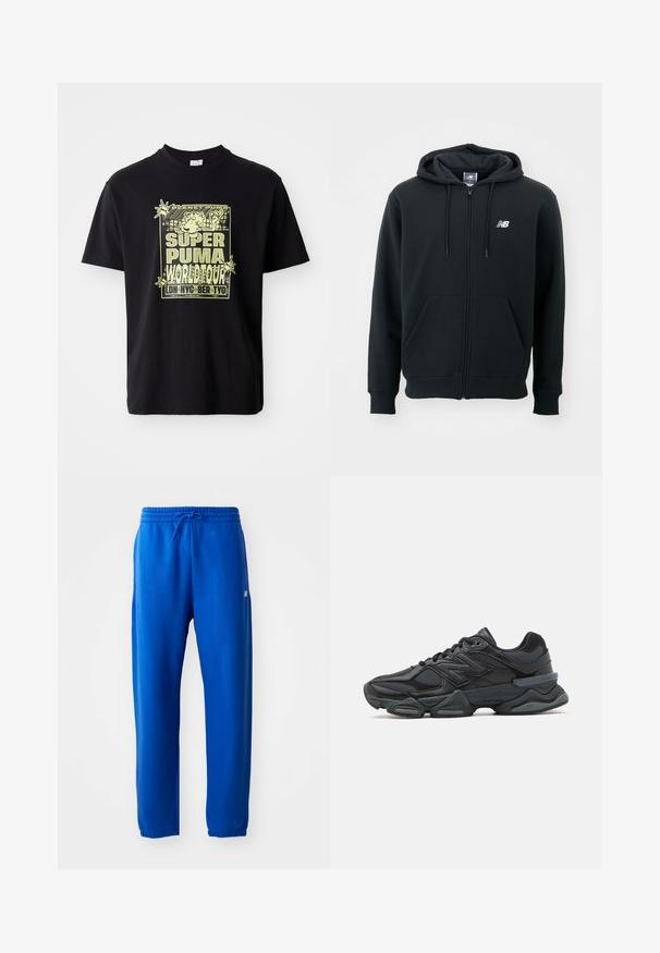 Czarna bluza z kapturem na zamek błyskawiczny, z kapturem ze sznurkiem, przednimi kieszeniami, ściągaczami na rękawach oraz małym białym logo na lewej piersi. Wykonana z miękkiego materiału mieszanki bawełny.; Czarny bawełniany t-shirt z żółtym nadrukiem przedstawiającym tekst "SUPER PUMA WORLD TOUR" oraz postać z kreskówki, z centralnym wzorem na przodzie.; Niebieskie dresy z miękkiego materiału, z elastycznym pasem z troczkiem, zwężanymi nogawkami oraz małym logo po boku.; Czarne buty biegowe z mieszanką siateczki i materiałów syntetycznych, masywną podeszwą, opływowym kształtem oraz wyraźnym brandingiem z boku.